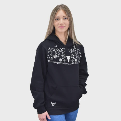 Ladies Hardware Black "Emb Roses" Fleece Hoody