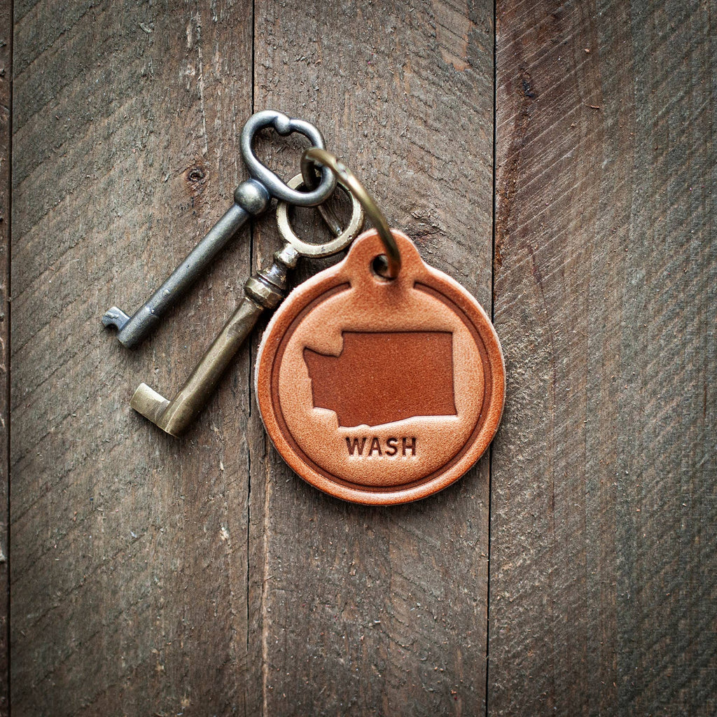 Washington State Silhouette Leather Keychain Circle