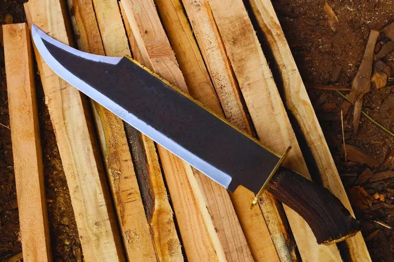 Handmade 1095 Carbon Steel Bowie Knife with Antler Handle & Leather Sheath