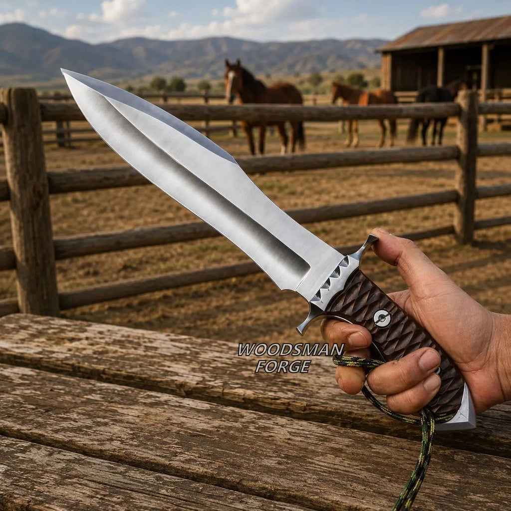 Bloodfang 16 inch Bowie Knife – D2 Steel, Rosewood Handle & Leather Sheath