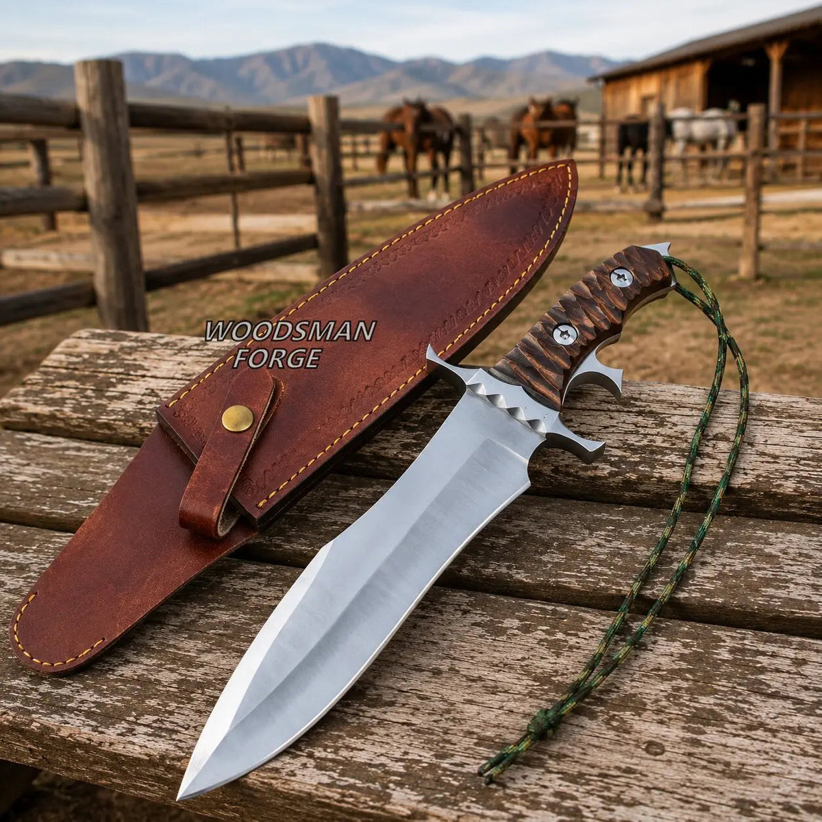 Bloodfang 16 inch Bowie Knife – D2 Steel, Rosewood Handle & Leather Sheath