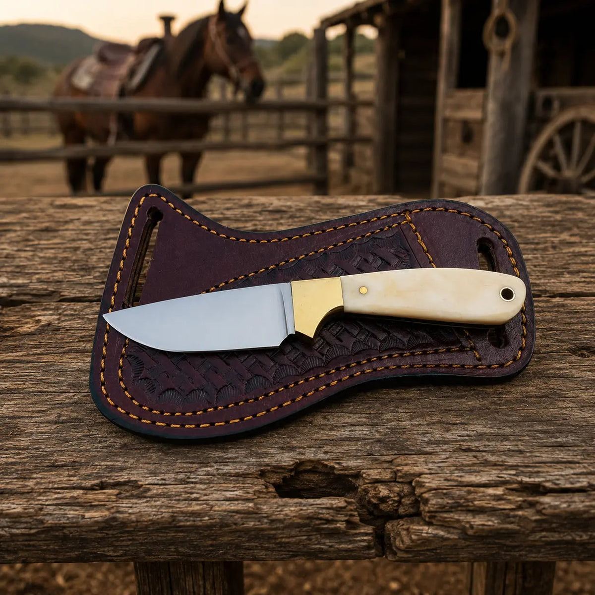 Bonecrest D2 Steel Cowboy Skinner Knife – Bone Handle & Leather Sheath