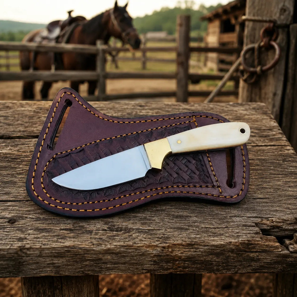 Bonecrest D2 Steel Cowboy Skinner Knife – Bone Handle & Leather Sheath