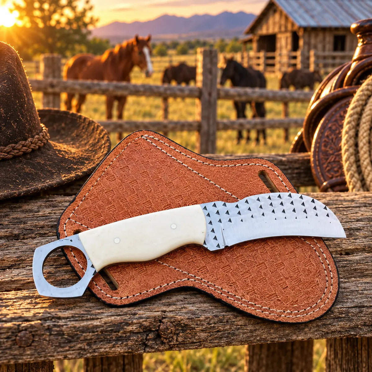Bonehook Rasp Steel Bone Handle Hawkbill Knife – 7" with Leather Sheath