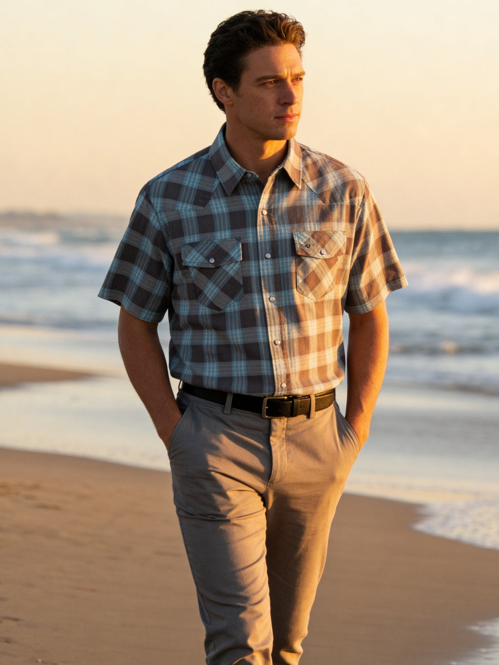 Feather Plaids - Brown & Turquoise - Short Sleeve - NEW FIT
