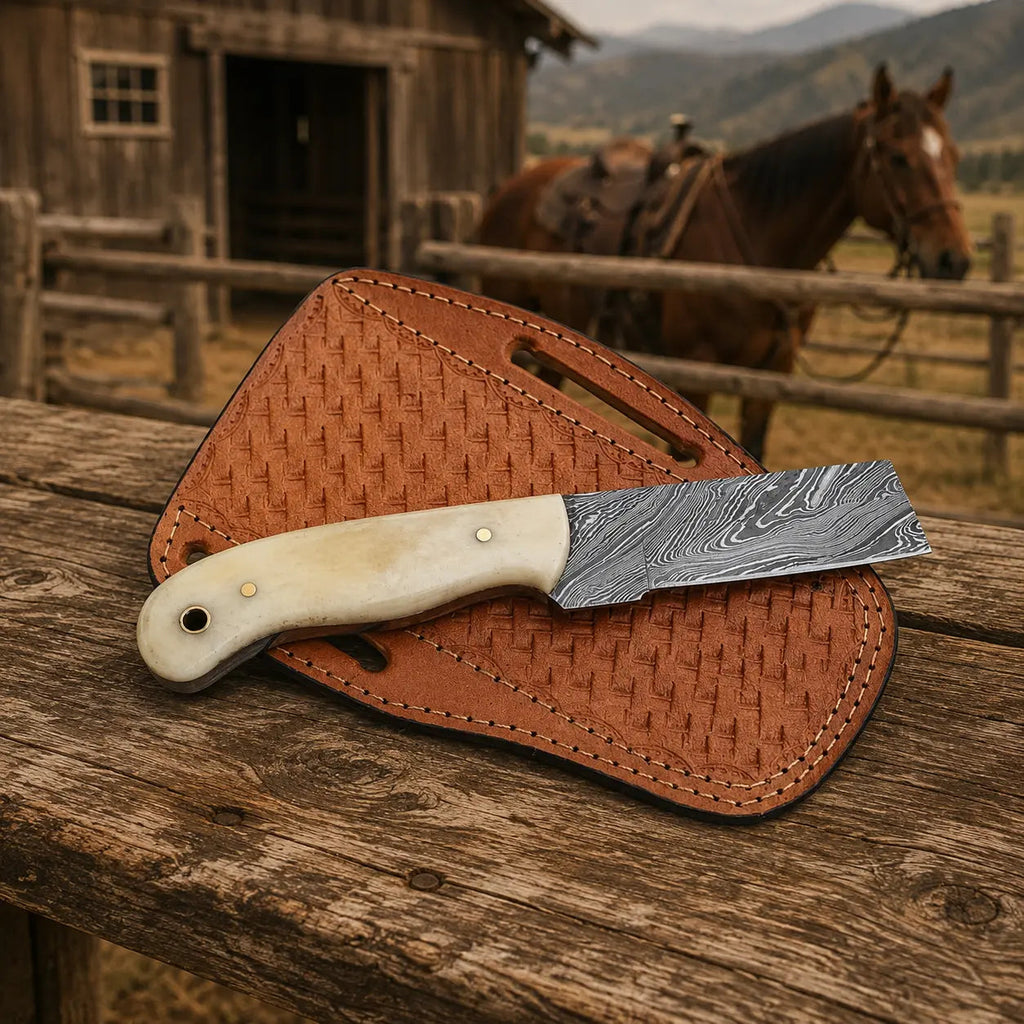 Bullcrest Cowboy Bull Cutter – Damascus Steel, Bone Handle & Leather Sheath