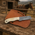 Bullcrest Cowboy Bull Cutter – Damascus Steel, Bone Handle & Leather Sheath