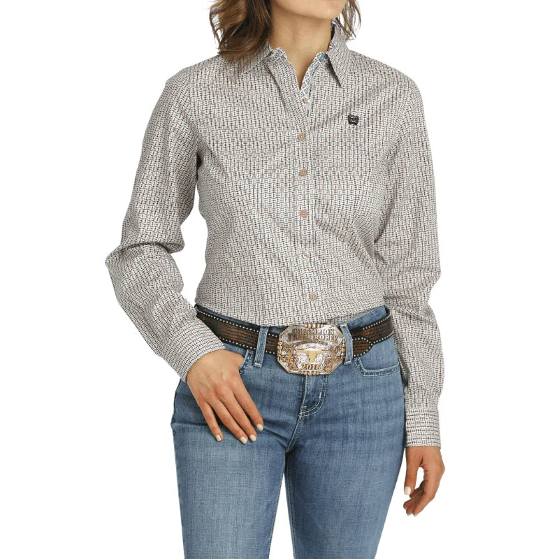 Pink Geometric Print Long Sleeve Button Down Western Shirt