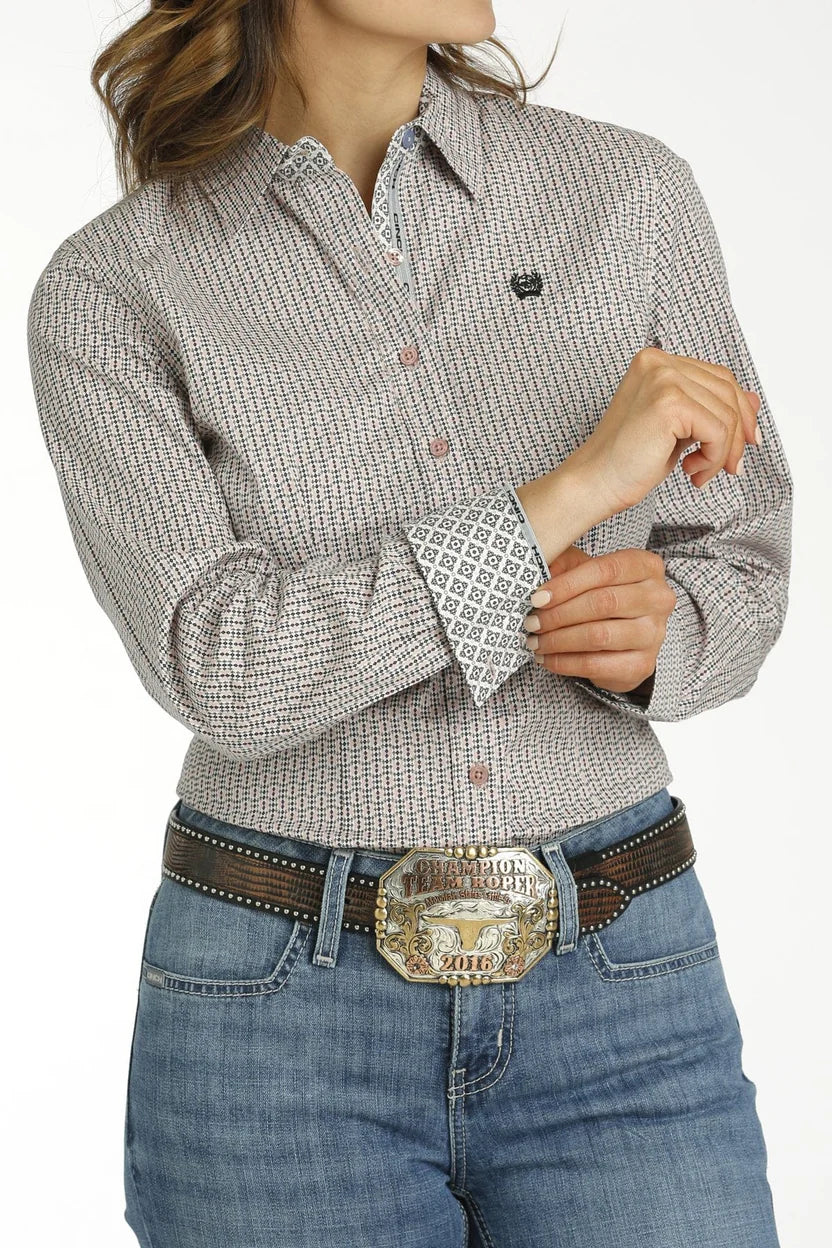 Pink Geometric Print Long Sleeve Button Down Western Shirt