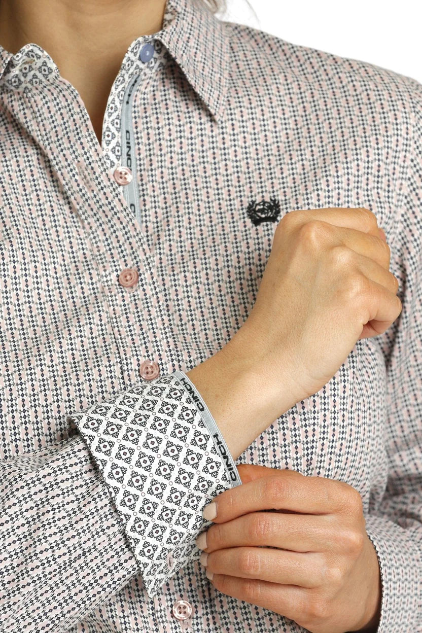 Pink Geometric Print Long Sleeve Button Down Western Shirt