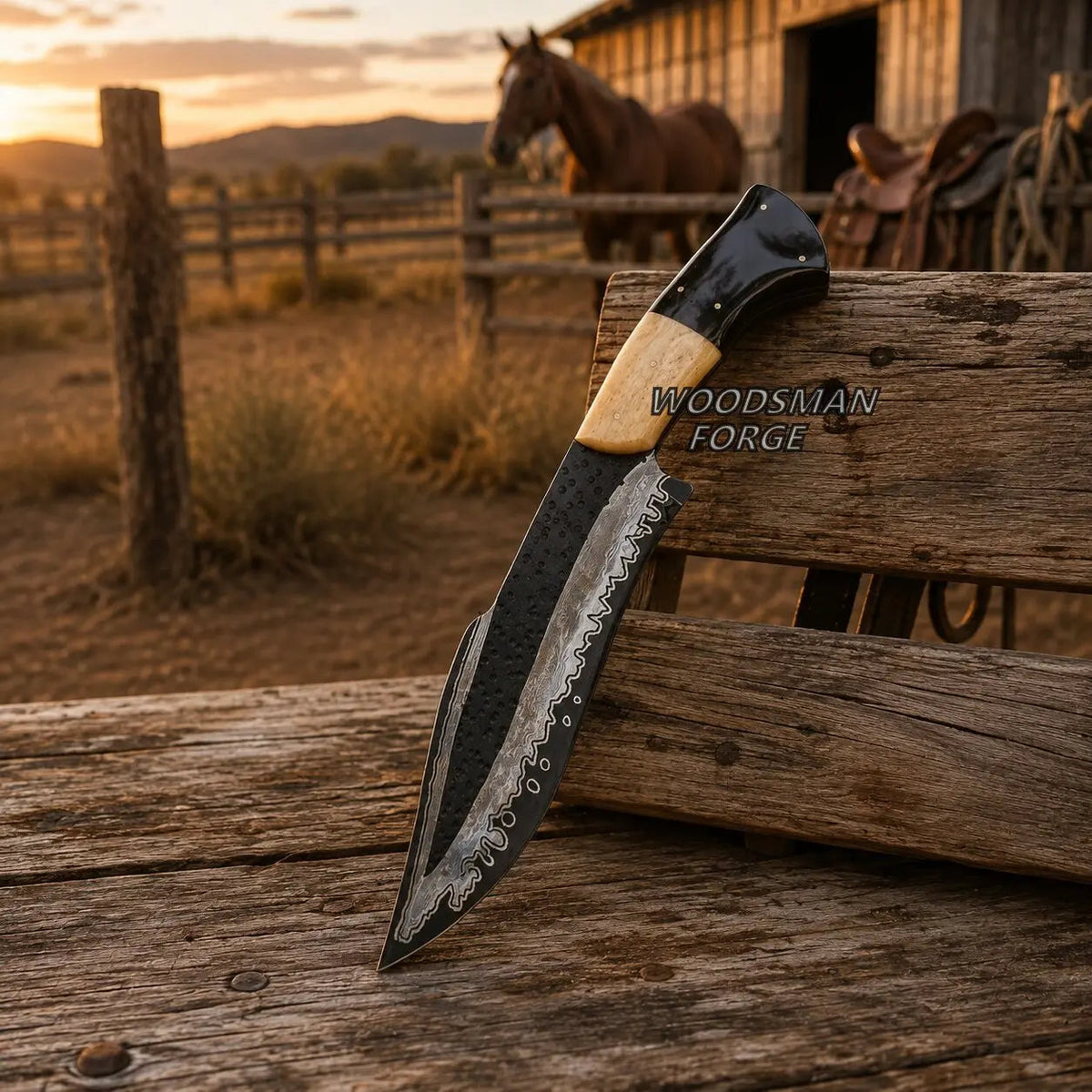 Cinderhorn D2 Bowie Knife – 12" D2 Steel, Camel Bone & Bull Horn