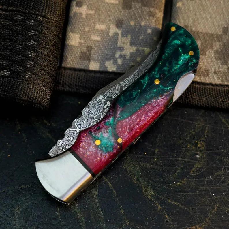 Damascus Folding Pocket Knife with Resin Handle | Handmade Hunting Knife