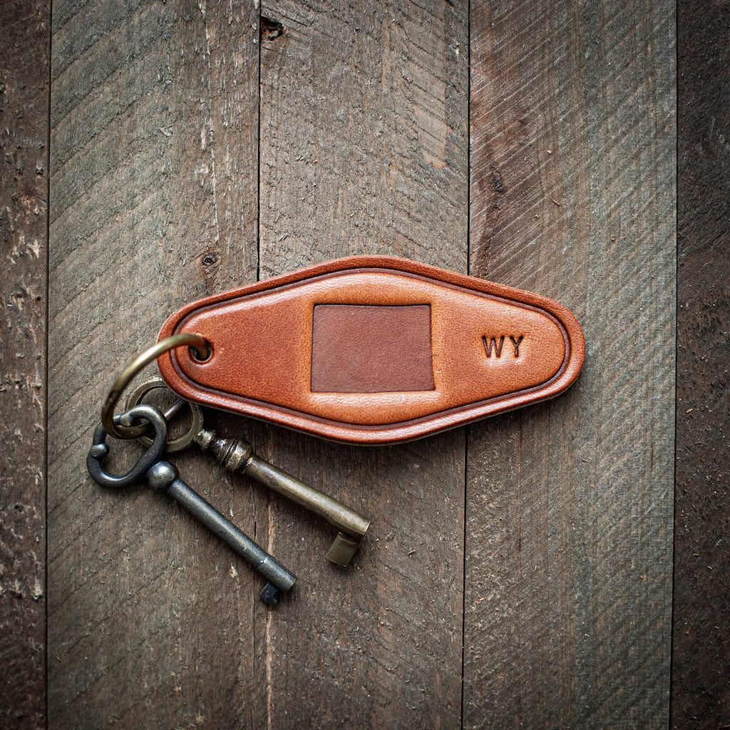Wyoming State Silhouette Leather Keychain Motel Style