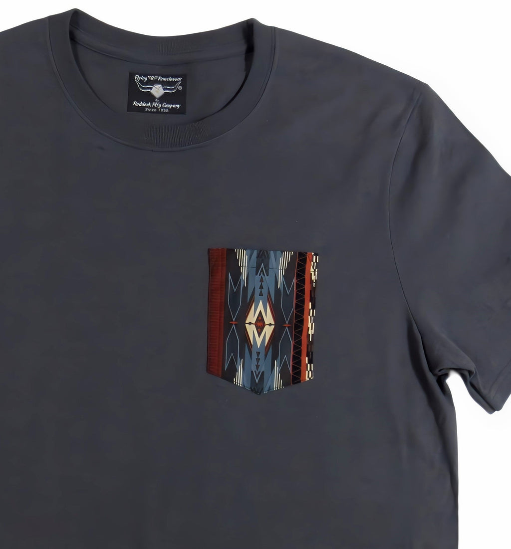 Flying R Ranchwear - Southwest Stripe Print - Gray Pocket T-shirt - Made in USA