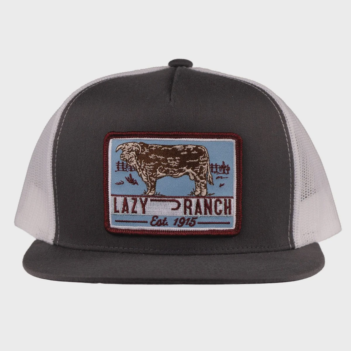 Lazy J Ranch Grey & White Blue Bull Trap  Trucker Hat