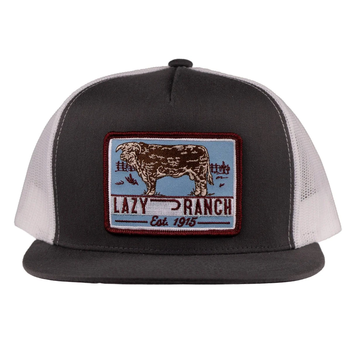 Lazy J Ranch Grey & White Blue Bull Trap  Trucker Hat