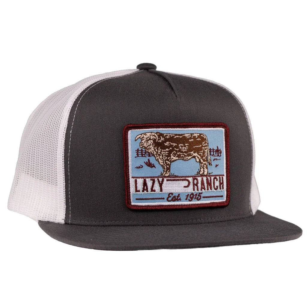 Lazy J Ranch Grey & White Blue Bull Trap  Trucker Hat