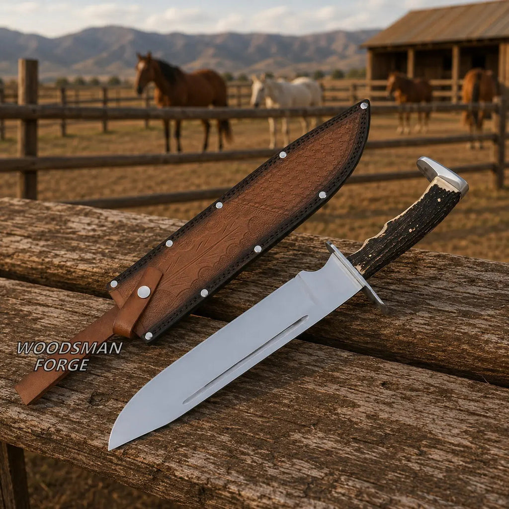 Highlandstag Handmade Bowie Knife – 18" D2 Steel, Stag Horn Handle & Steel Guard