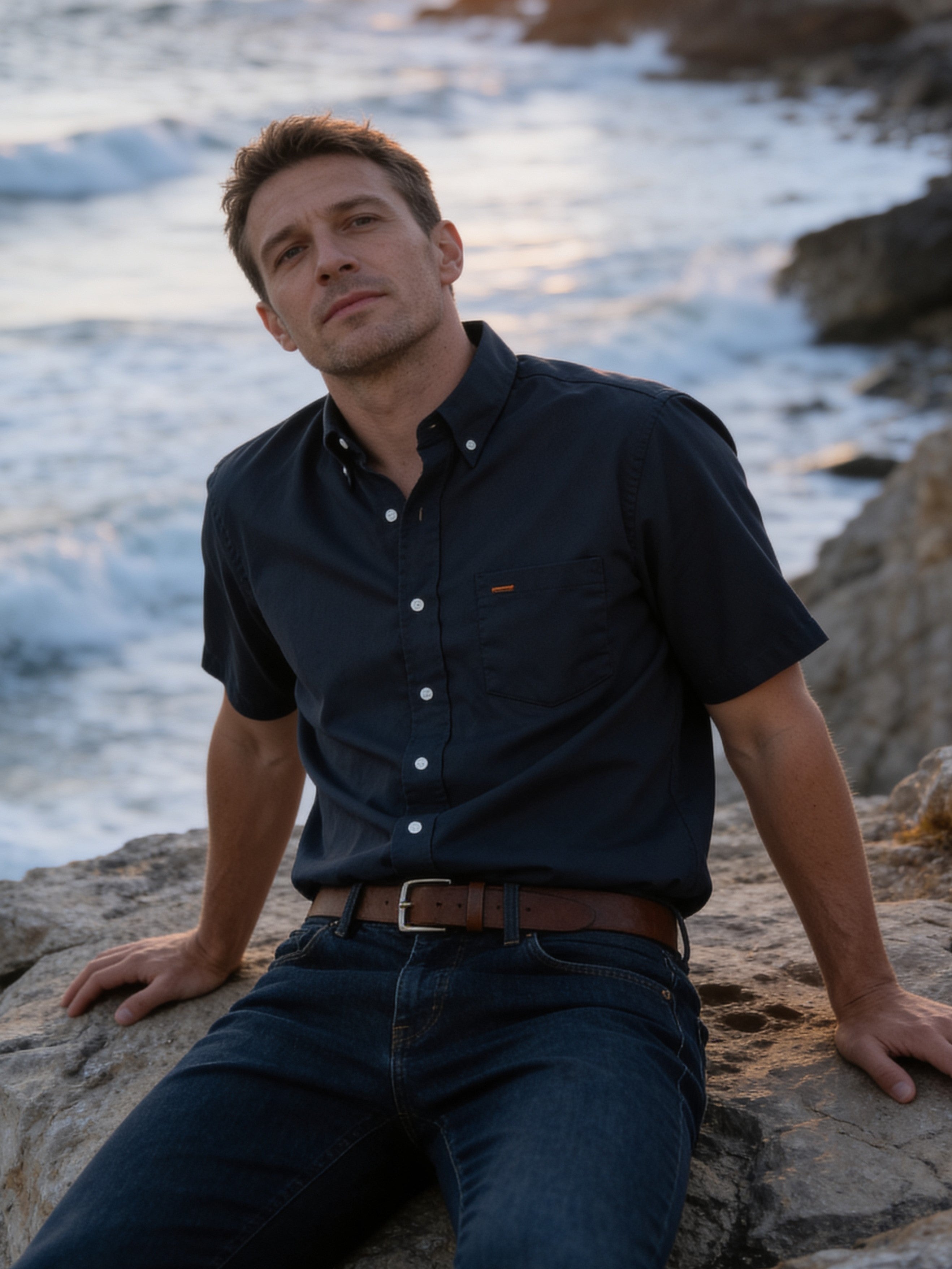 Ruddock Shirts - Navy Blue Button Down - One pocket - Short Sleeve - Oversized Fit
