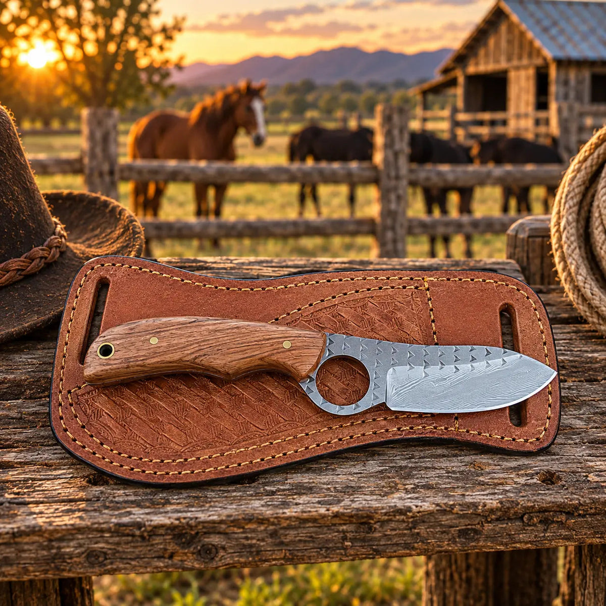 Oakridge Rasp Steel Skinner Knife – Wood Handle & Leather Sheath