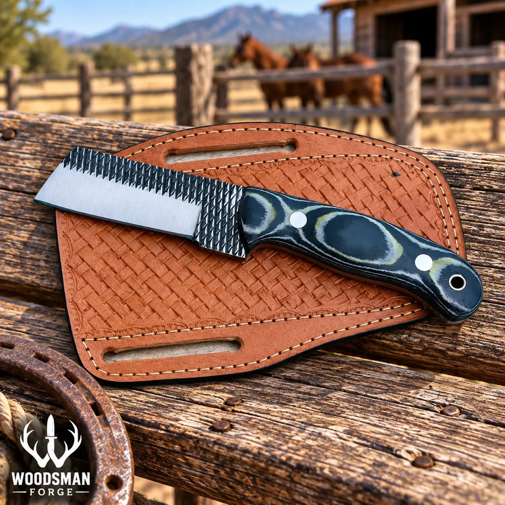 Ironvale Rasp Steel Cowboy Bull Cutter Knife – Micarta Handle & Leather Sheath