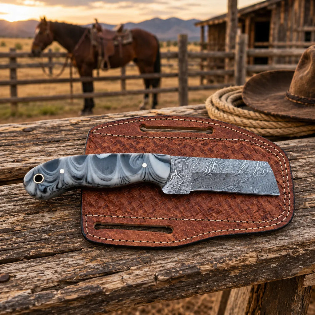 Redstone Damascus Cowboy Bull Cutter Knife – Resin Handle & Leather Sheath
