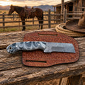 Redstone Damascus Cowboy Bull Cutter Knife – Resin Handle & Leather Sheath