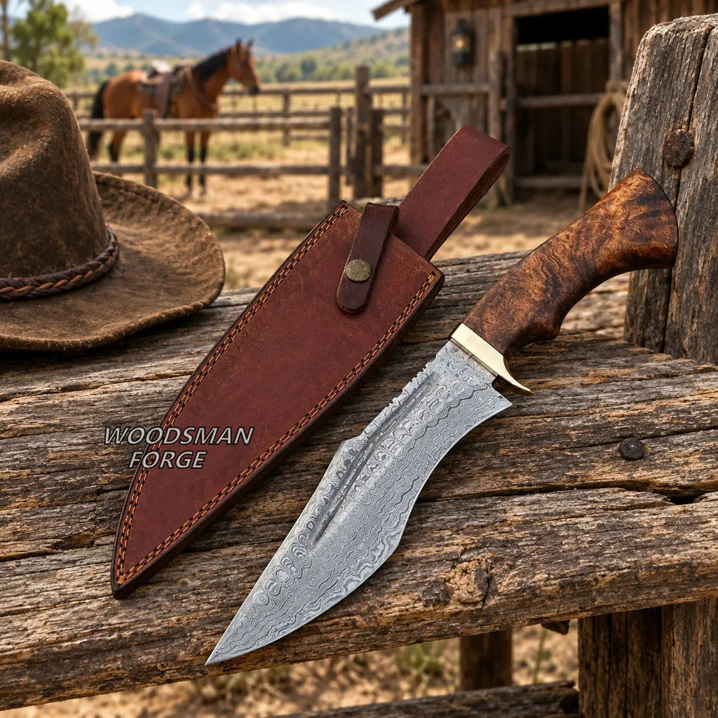 Rosewarden Hunting Bowie Knife – 15" Damascus Steel, Rosewood Handle & Sheath
