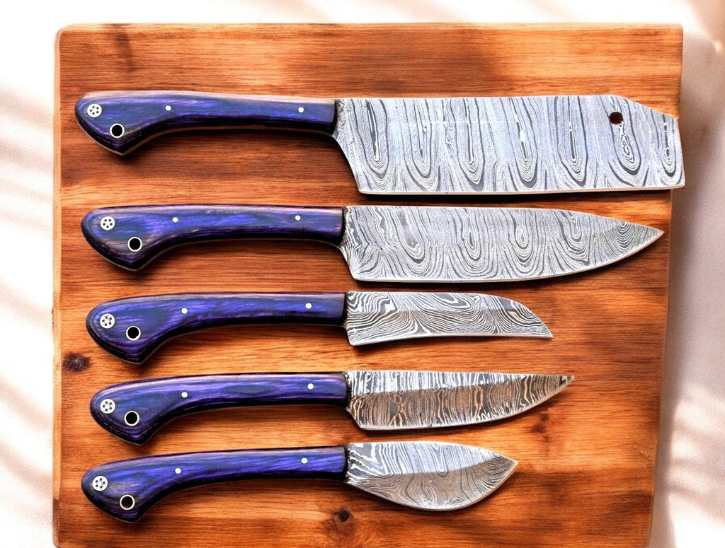 Handmade Damascus Kitchen Knives Set with Exotic Wood Handles