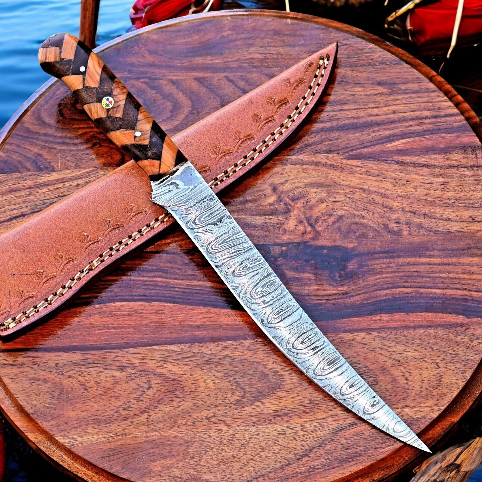 Handmade Damascus Fillet Knife – 12" with Olivewood Handle