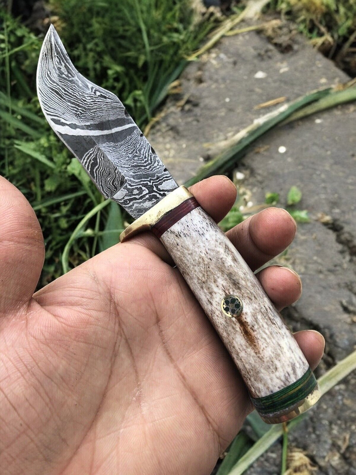 Custom Handmade Damascus Hunting Knife – 7.5” with Bone Handle