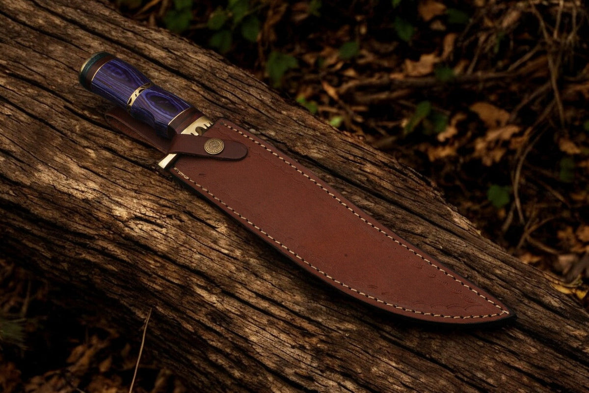 Handmade Damascus Steel Bowie Knife with Exotic Wood Handle - 15 Inches