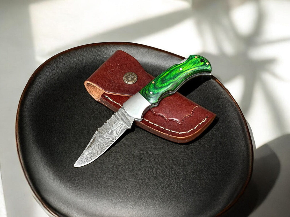 Handmade Damascus Pocket Knife with Wood Handle – 3" Blade