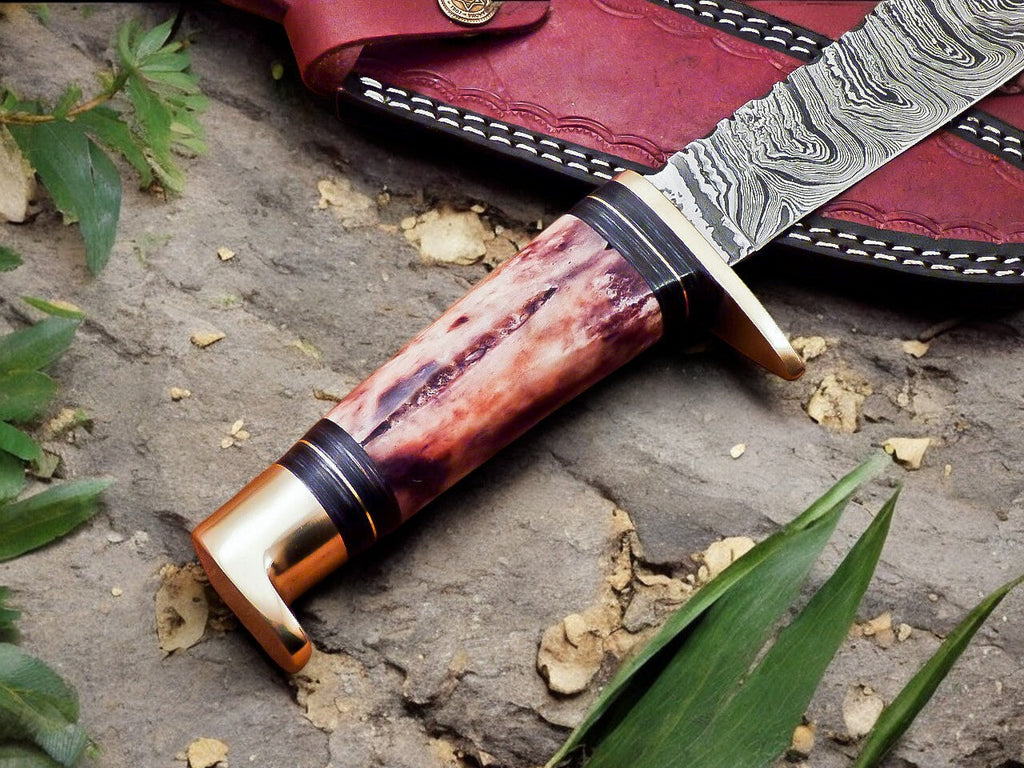 Handmade Damascus Hunting Knife – 12" with Bone Handle