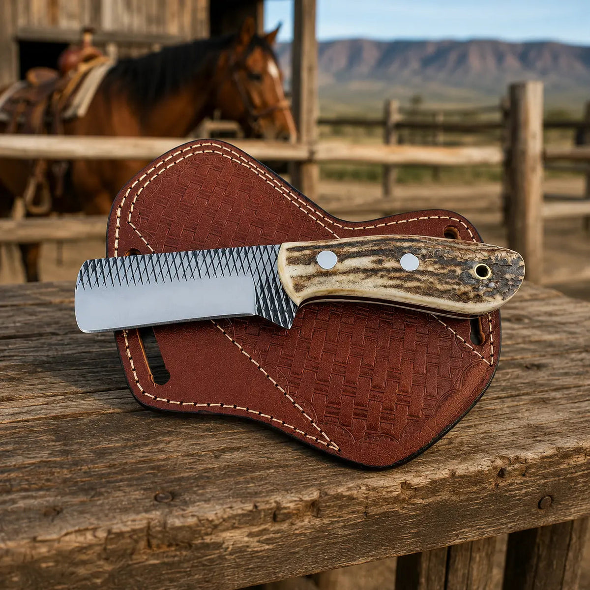 Stagrasp Rasp Steel Stag Horn Bull Cutter – Leather Sheath