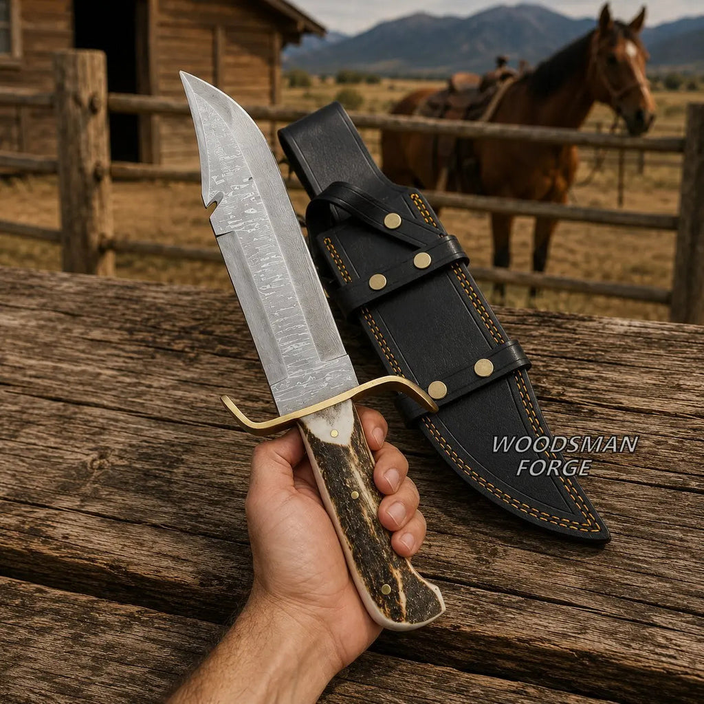 Stagreign Damascus Bowie Knife – Stag Antler & Gut Hook