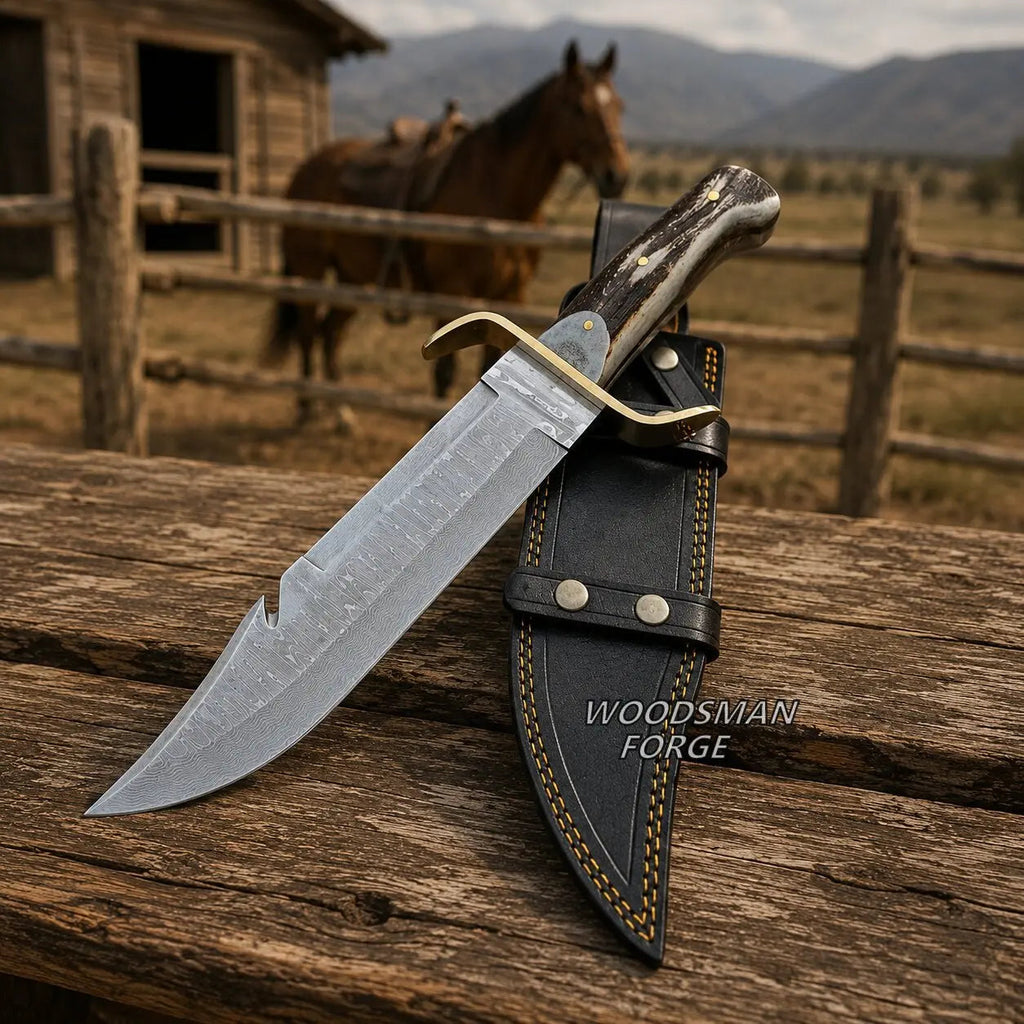 Stagreign Damascus Bowie Knife – Stag Antler & Gut Hook