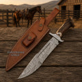 Stagwarden Stag Antler Bowie Knife – Damascus Steel & Leather Sheath