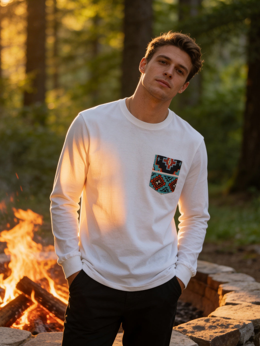 Flying R Ranchwear - White with Southwest Print - Long Sleeve - Pocket T-shirt - Made in USA