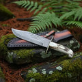 Handmade Damascus Bowie Knife – Stag Antler Handle, Brass Guard & Leather Sheath