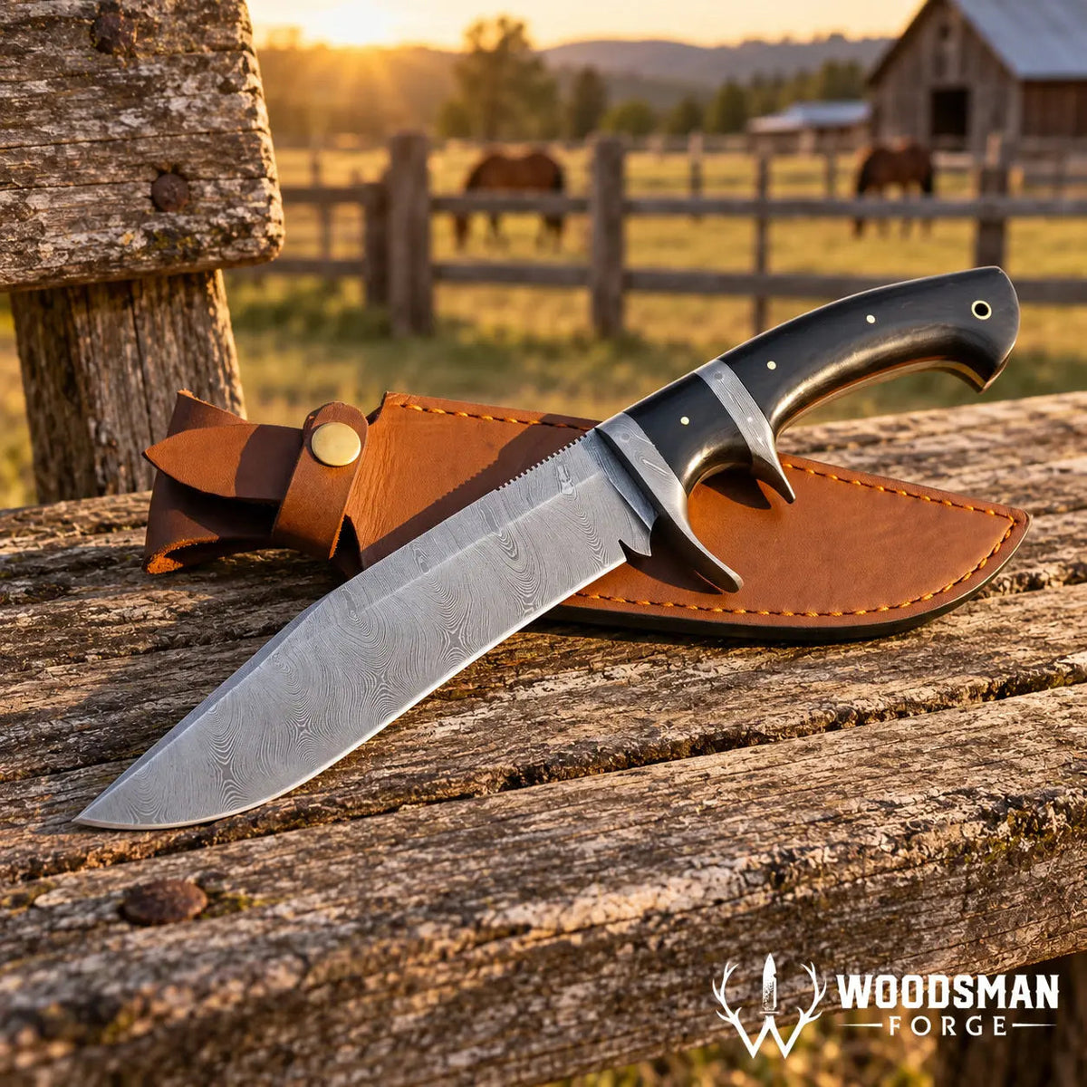 Blackwarden Damascus Bowie Knife – Black Micarta Handle