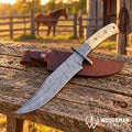 Bonecrest Damascus Bowie Knife – Cow Bone Handle & Mosaic Pins