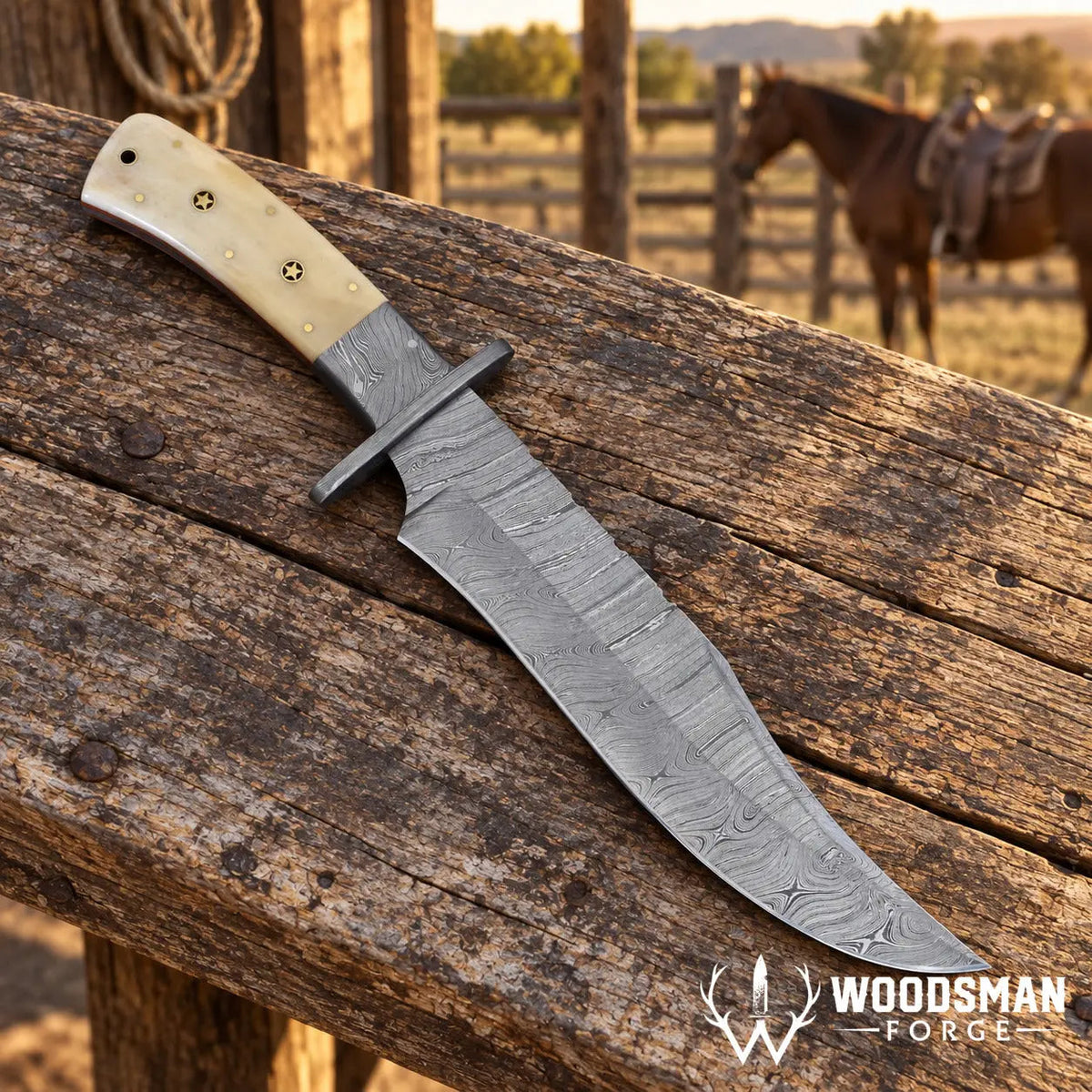 Bonecrest Damascus Bowie Knife – Cow Bone Handle & Mosaic Pins
