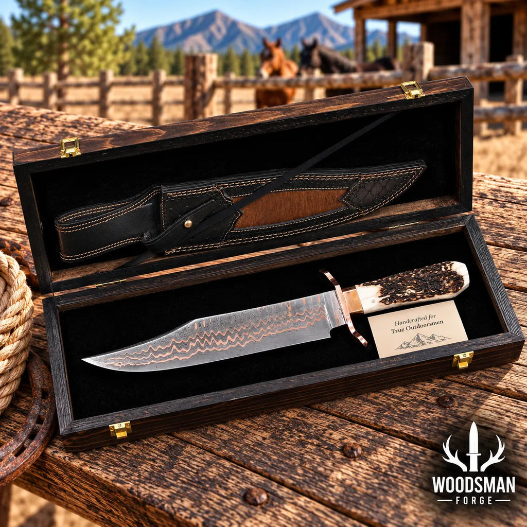 Copperwarden Copper Damascus Bowie Knife – Stag Antler Handle
