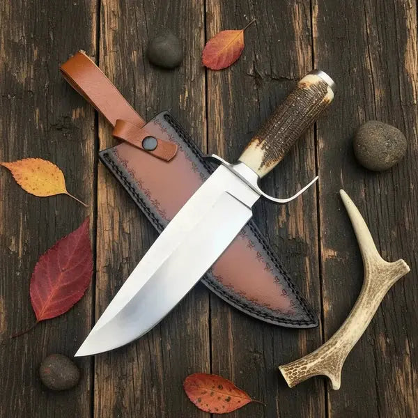 Handmade D2 Steel Bowie Knife – Natural Antler Handle & Leather Sheath