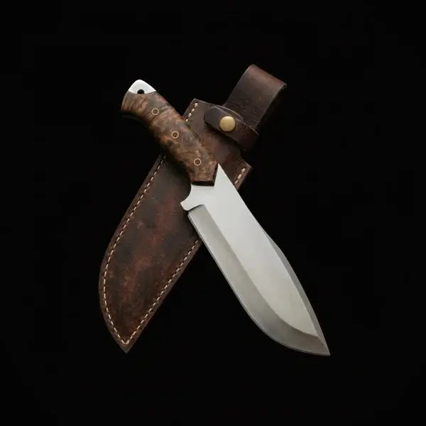 Handmade D2 Steel Bowie Knife – Stabilized Burl Wood Handle & Leather Sheath