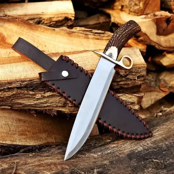 D2 Steel Bowie Knife – Mirror Polish, Stag Antler Handle & Leather Sheath