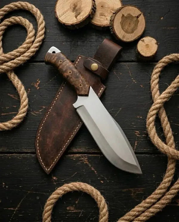 Handmade D2 Steel Bowie Knife – Stabilized Burl Wood Handle & Leather Sheath