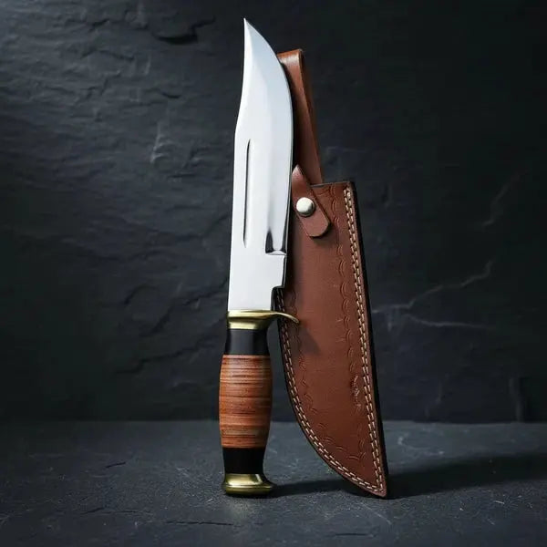 D2 Steel American Classic Bowie Knife – Stacked Leather Handle & Leather Sheath