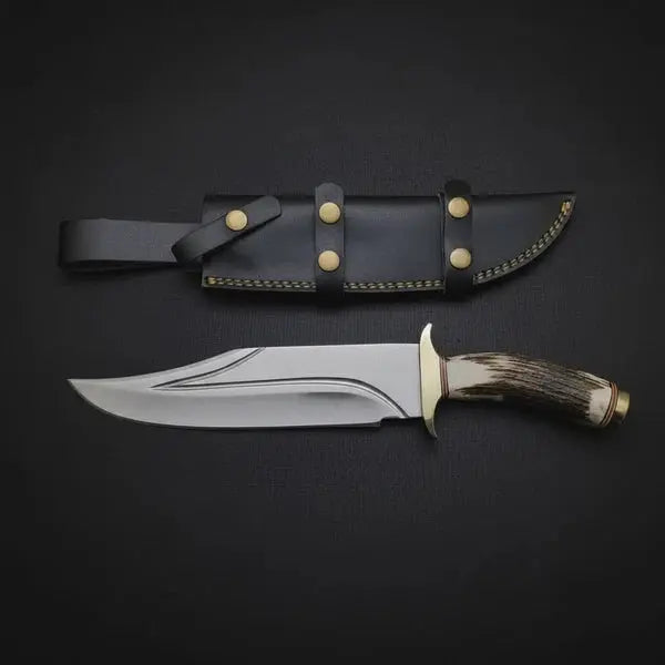 D2 Steel Bowie Knife – Twin Fuller Blade, Stag Antler Handle & Leather Sheath